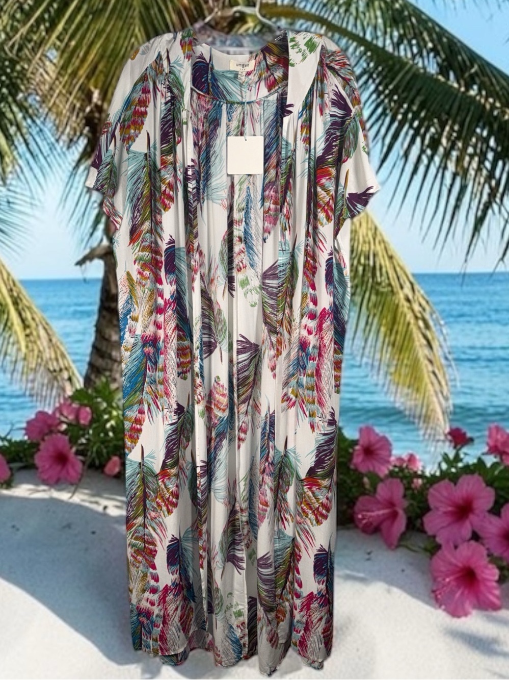 Umgee White Swim Coverup with Multicolor Feather Print